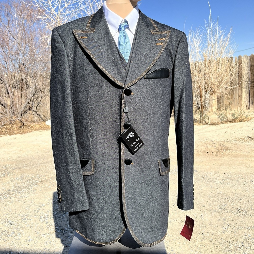 2 Piece denim Suit New With Tags Men (42L) double breast tuxedo cowboy IL CANTO - Picture 2 of 16